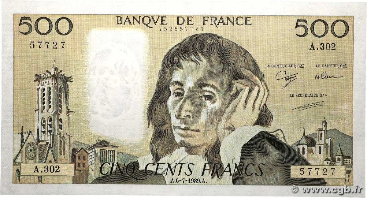 500 Francs PASCAL FRANKREICH 1989 F.71.42 fST+