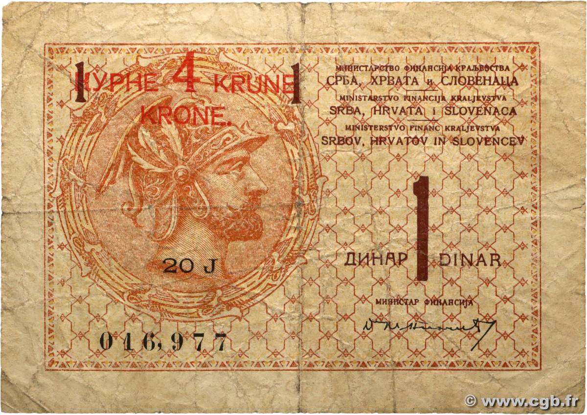 4 Kronen sur 1 Dinar YOUGOSLAVIE  1919 P.015a B+
