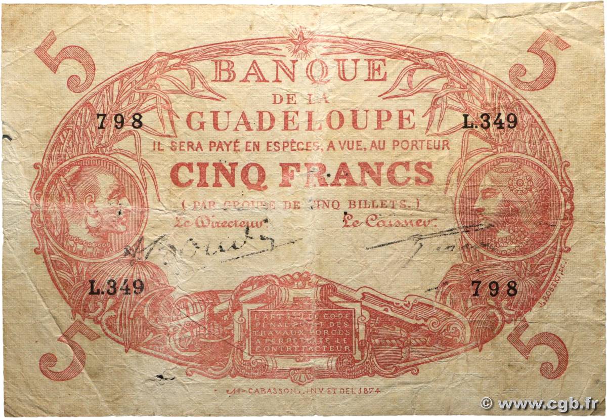5 Francs Cabasson rouge GUADELOUPE  1943 P.07e B