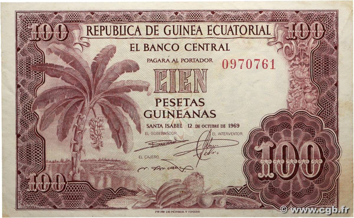 100 Pesetas Guineanas GUINÉE ÉQUATORIALE  1969 P.01 TTB
