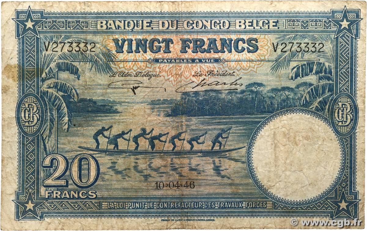 20 Francs CONGO BELGE  1946 P.15E B+