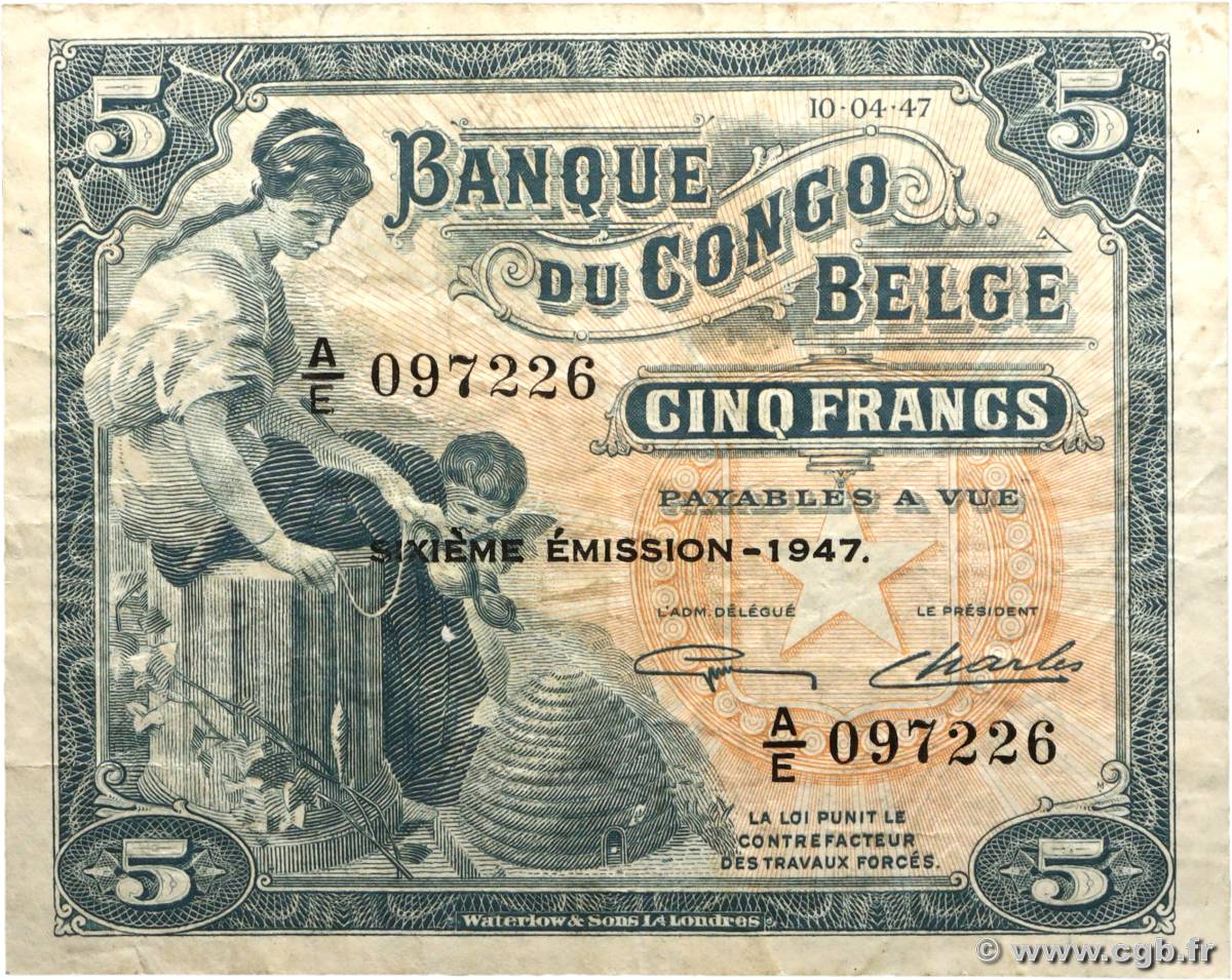 5 Francs BELGIAN CONGO  1947 P.13Ad F+