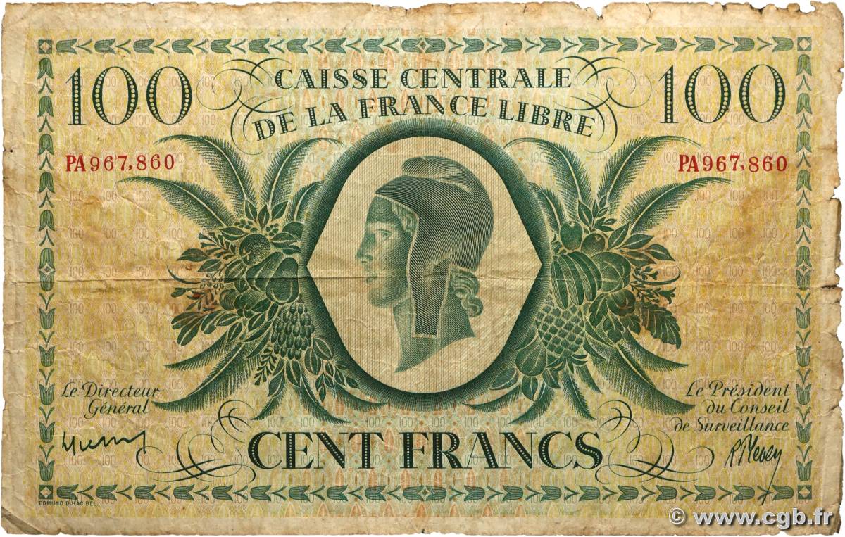 100 Francs Marianne CCFL AFRIQUE ÉQUATORIALE FRANÇAISE  1944 A.121a B