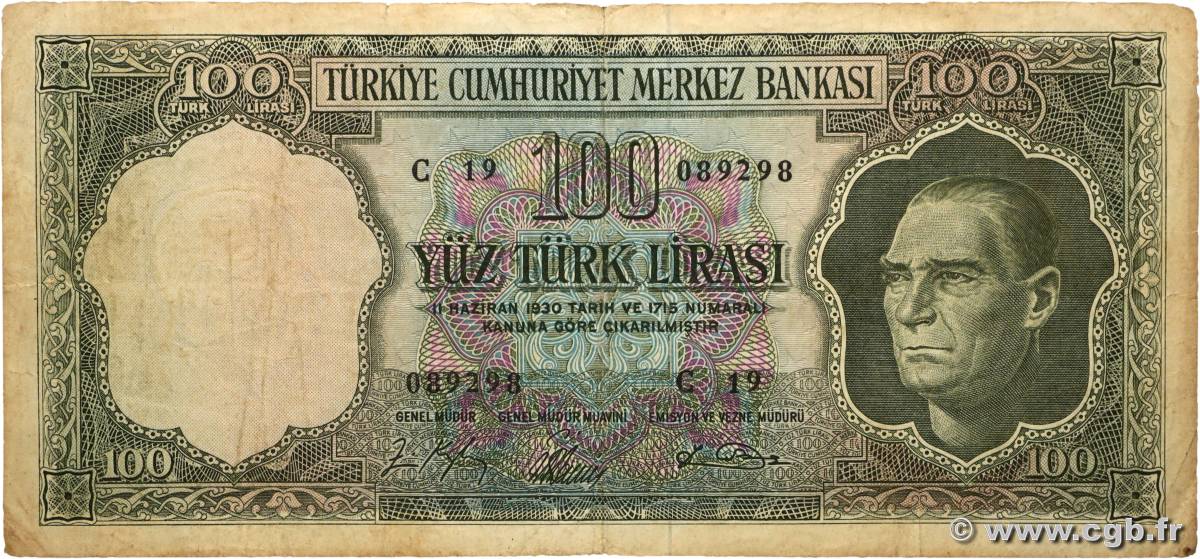 100 Lira TURKEY  1964 P.177a VG
