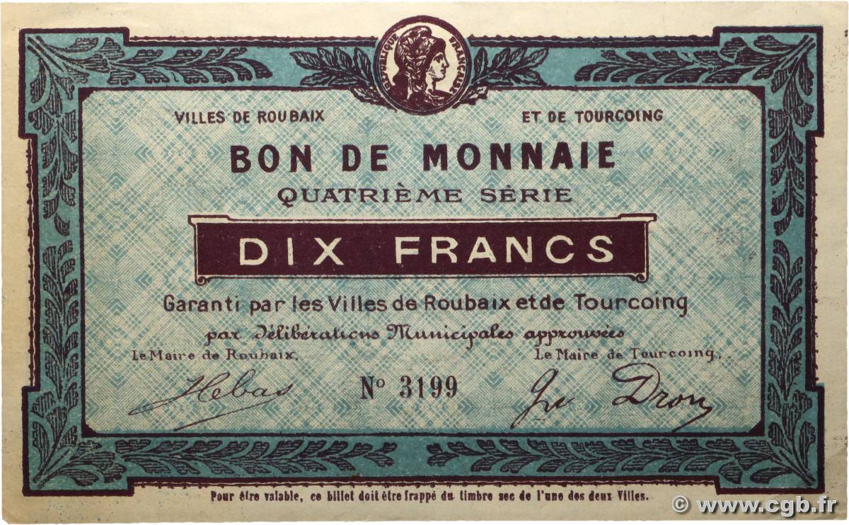 10 Francs FRANCE régionalisme et divers Roubaix et Tourcoing 1914 JP.59-2074 SPL