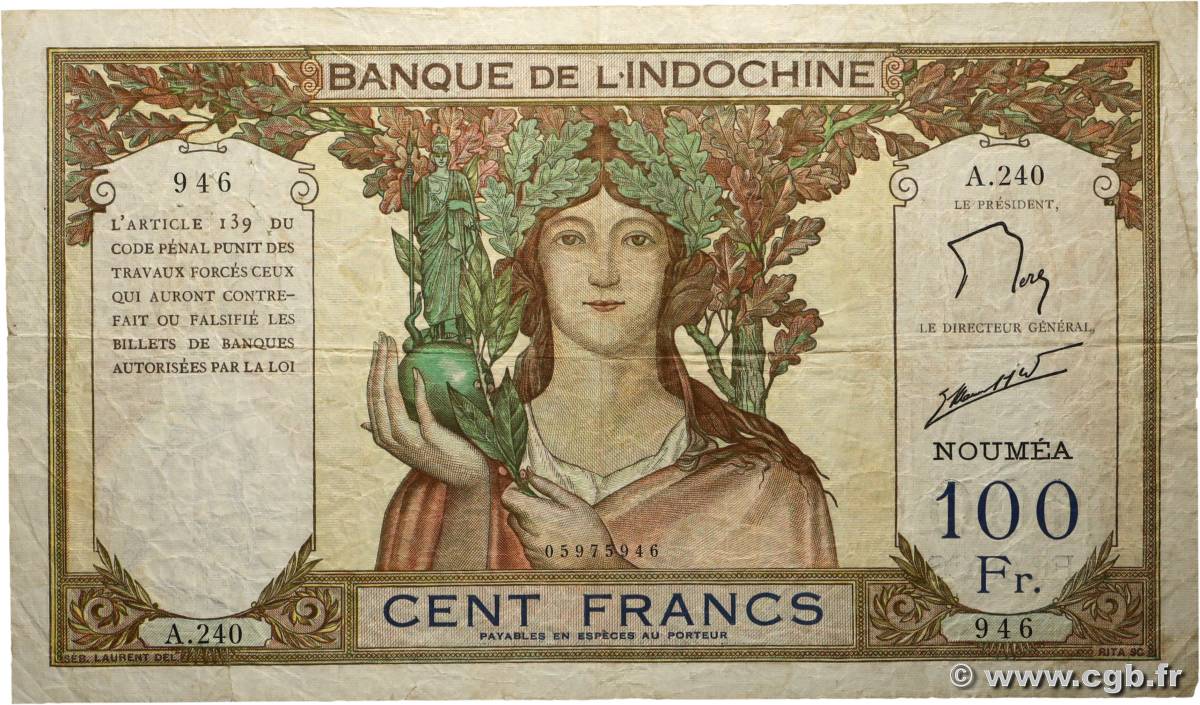 100 Francs NOUVELLE CALÉDONIE  1953 P.42e B+