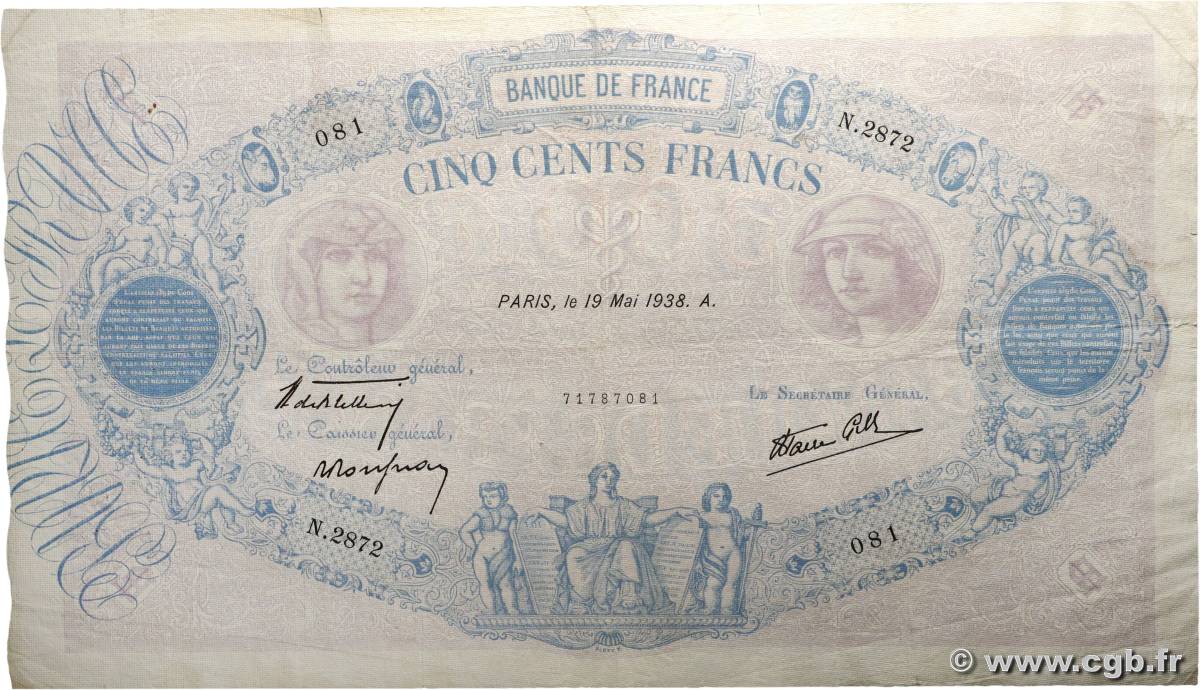 500 Francs BLEU ET ROSE modifié FRANCE  1938 F.31.11 TB