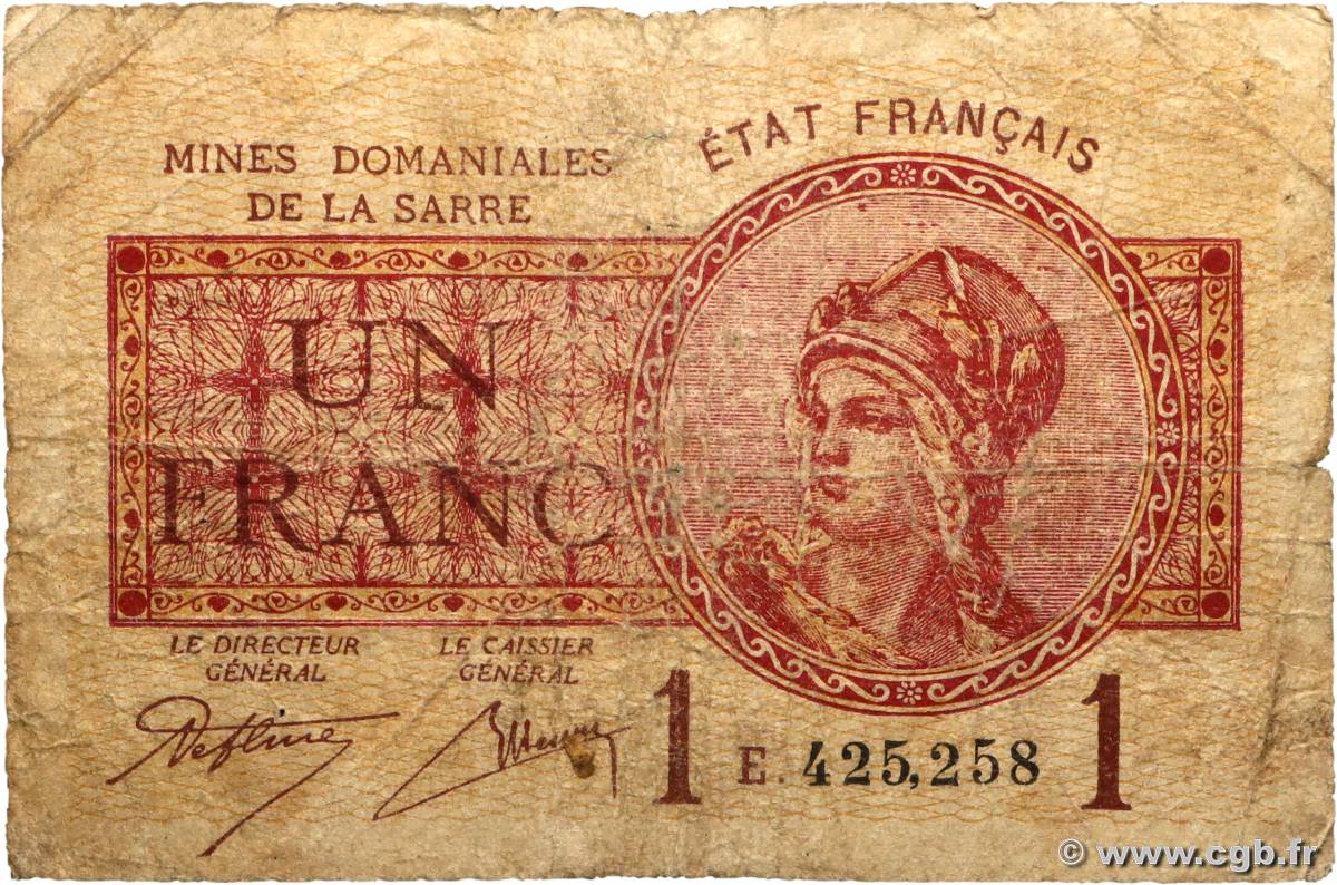 1 Franc MINES DOMANIALES DE LA SARRE FRANCE  1920 VF.51.05 B+