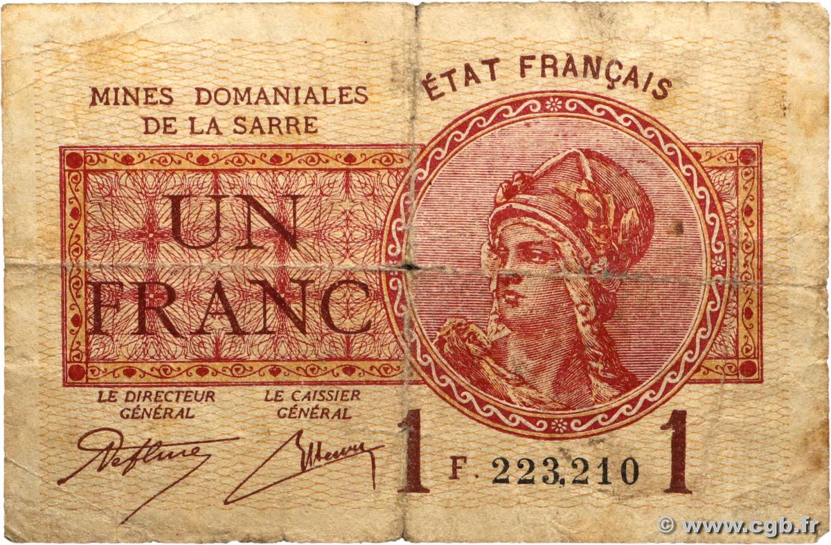 1 Franc MINES DOMANIALES DE LA SARRE FRANCIA 1920 VF.51.06 B