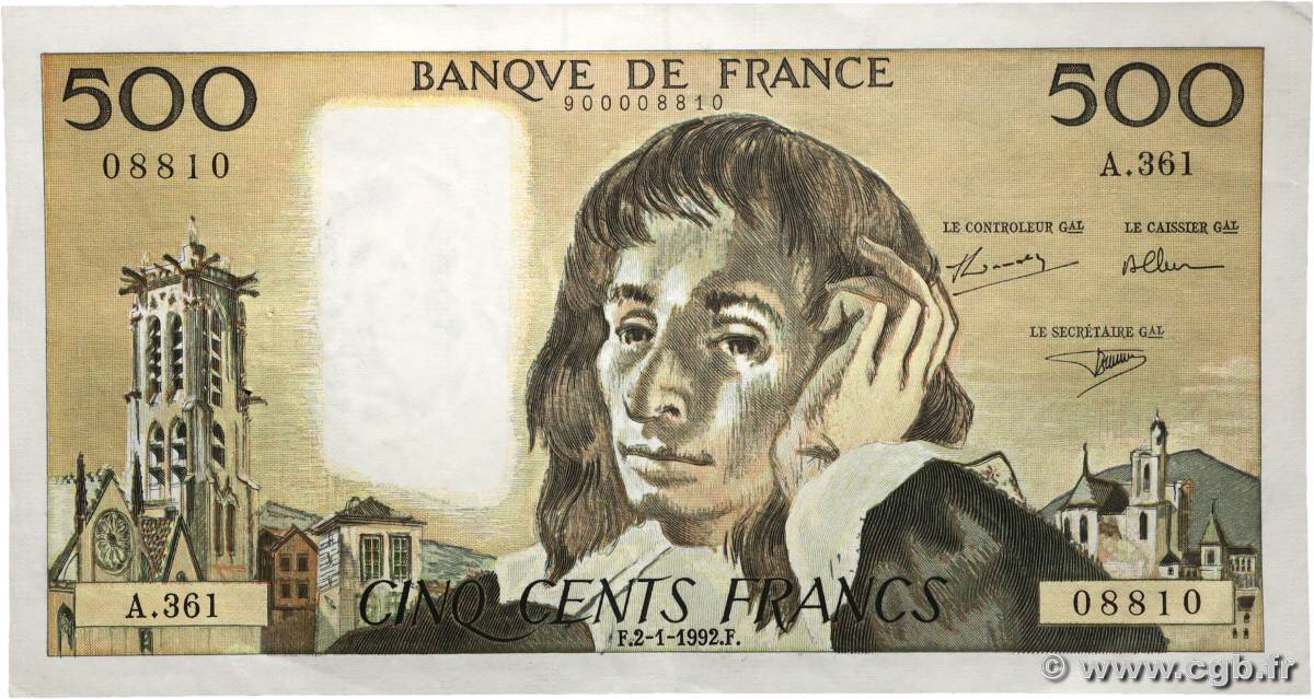 500 Francs PASCAL FRANCE  1992 F.71.49 XF
