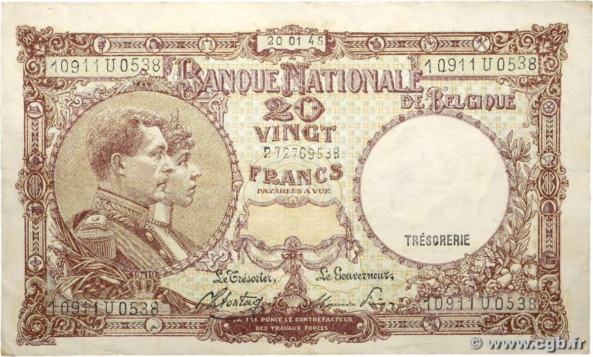 20 Francs BELGIUM  1945 P.111 VF