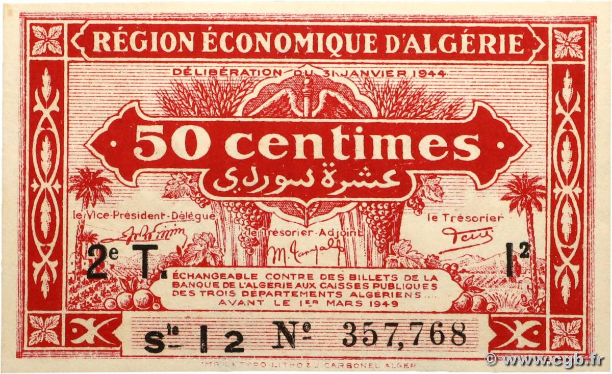 50 Centimes ALGERIA  1944 P.100 XF+