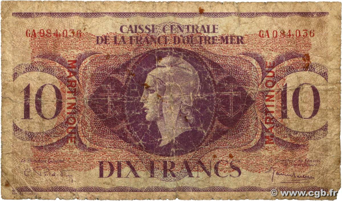10 Francs Type anglais MARTINIQUE  1943 P.23 G