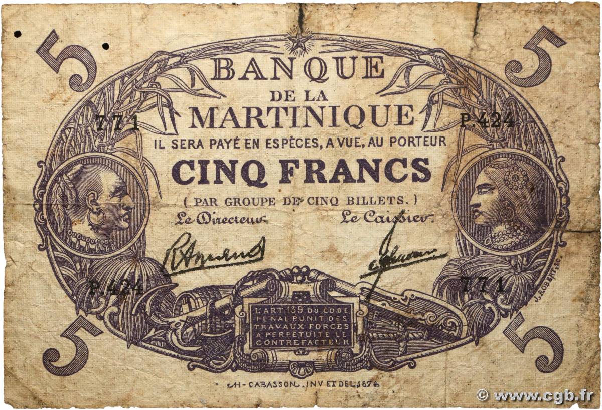 5 Francs Cabasson violet MARTINIQUE  1945 P.06 G