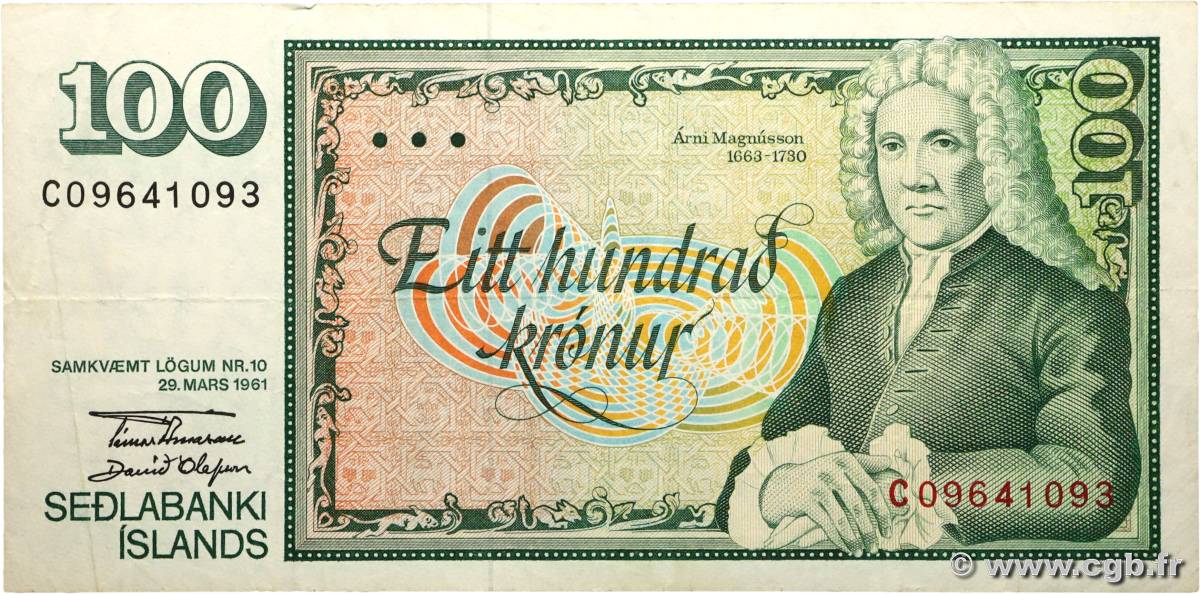 100 Kronur ICELAND  1961 P.50a VF+