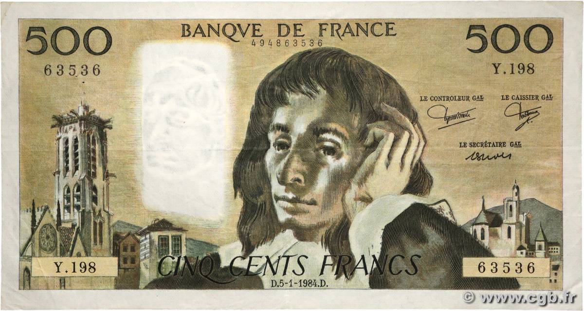 500 Francs PASCAL Numéro radar FRANCE 1984 F.71.30 TB+