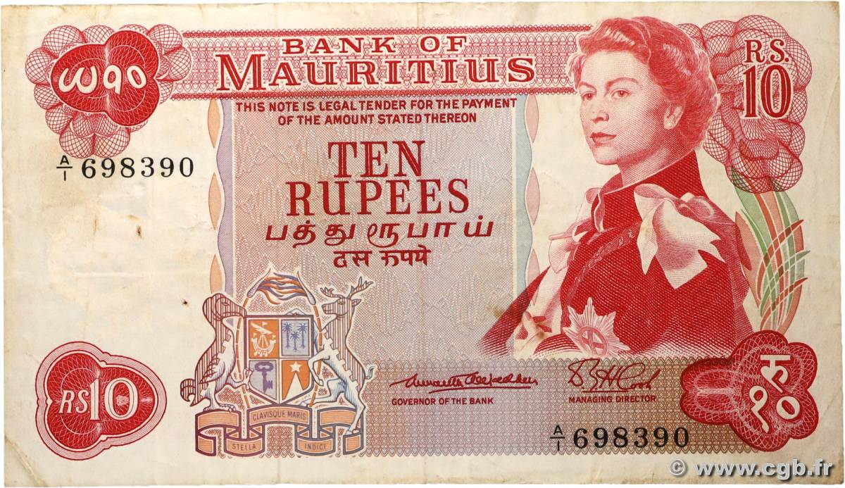 10 Rupees MAURITIUS  1967 P.31a VF