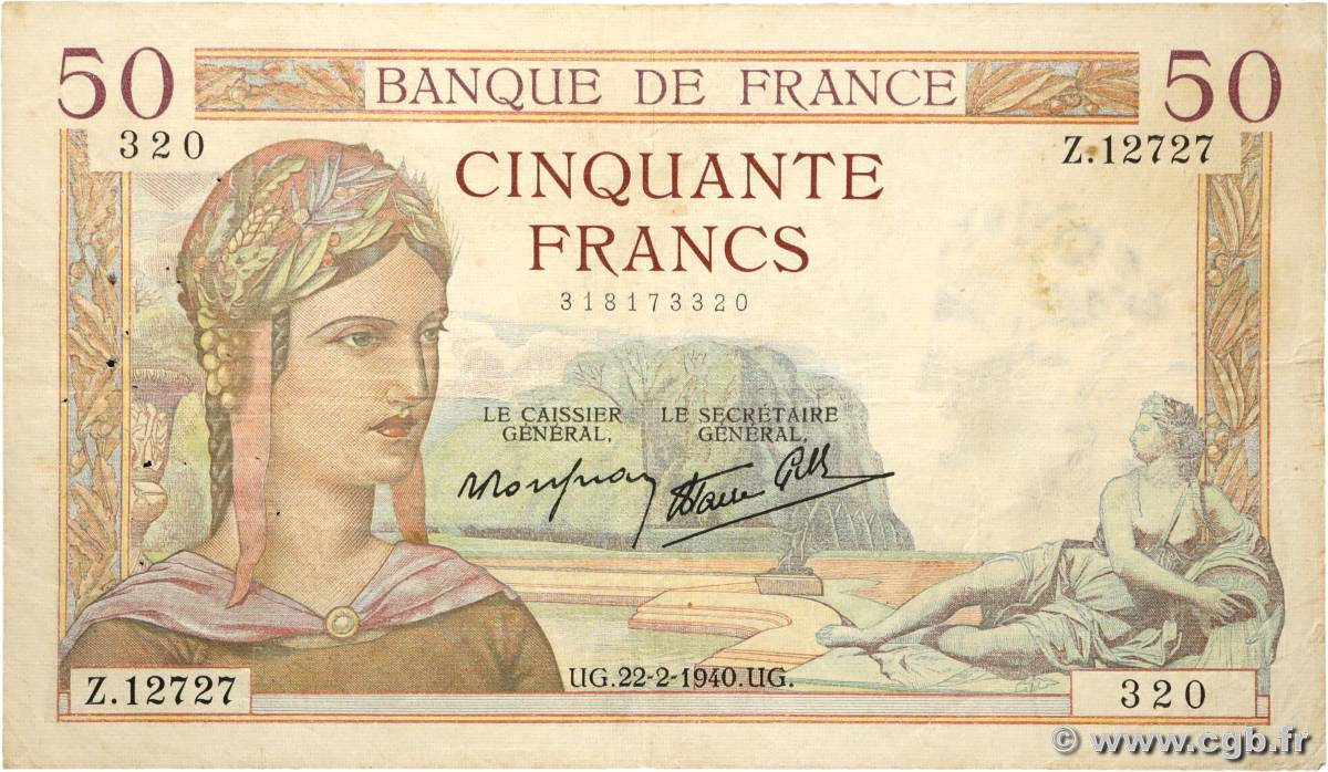 50 Francs CÉRÈS modifié FRANCE  1940 F.18.39 TB