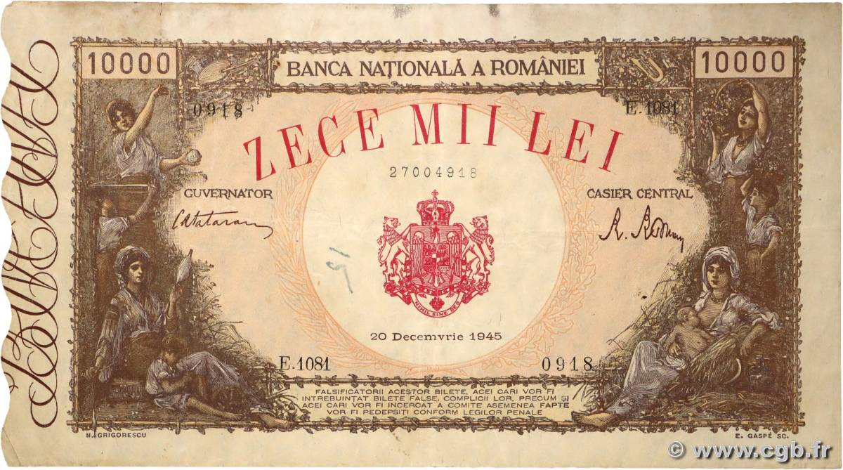 10000 Lei ROUMANIE 1945 P.057a pr.TTB
