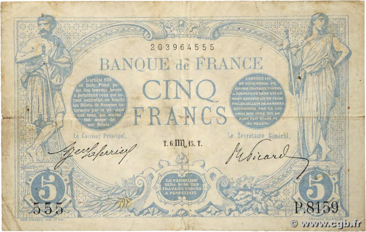 5 Francs BLEU FRANKREICH 1915 F.02.32 fS