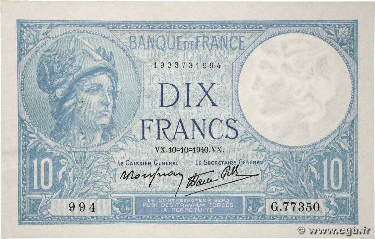 10 Francs MINERVE modifié FRANCE 1940 F.07.16 pr.SPL