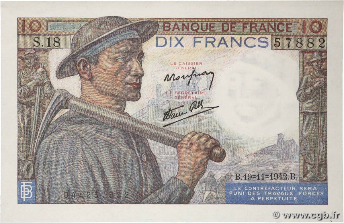 10 Francs MINEUR FRANCE 1942 F.08.05 pr.NEUF