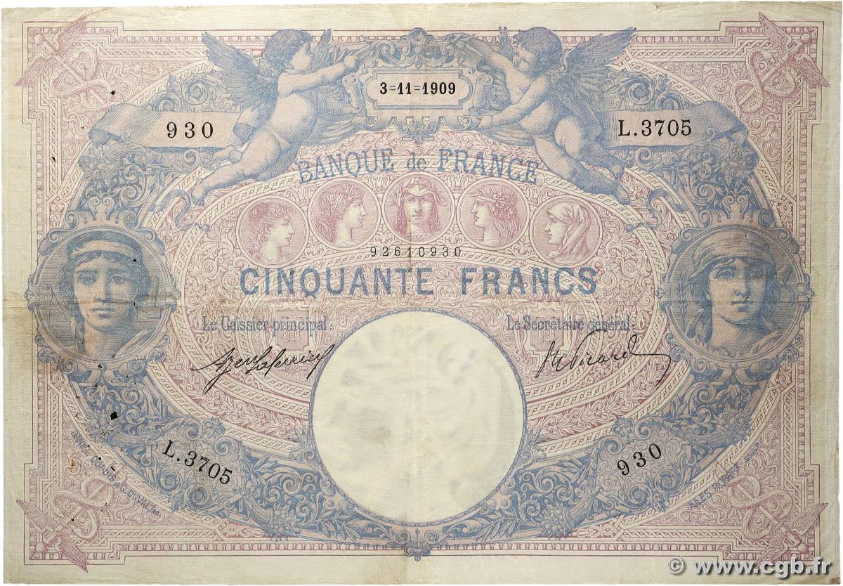 50 Francs BLEU ET ROSE FRANKREICH 1909 F.14.22 S