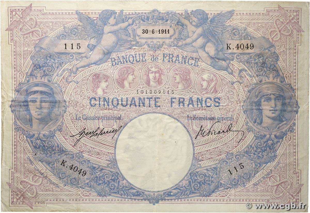 50 Francs BLEU ET ROSE FRANKREICH 1911 F.14.24a fSS