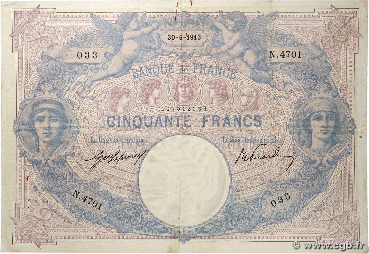 50 Francs BLEU ET ROSE FRANKREICH 1913 F.14.26 fSS