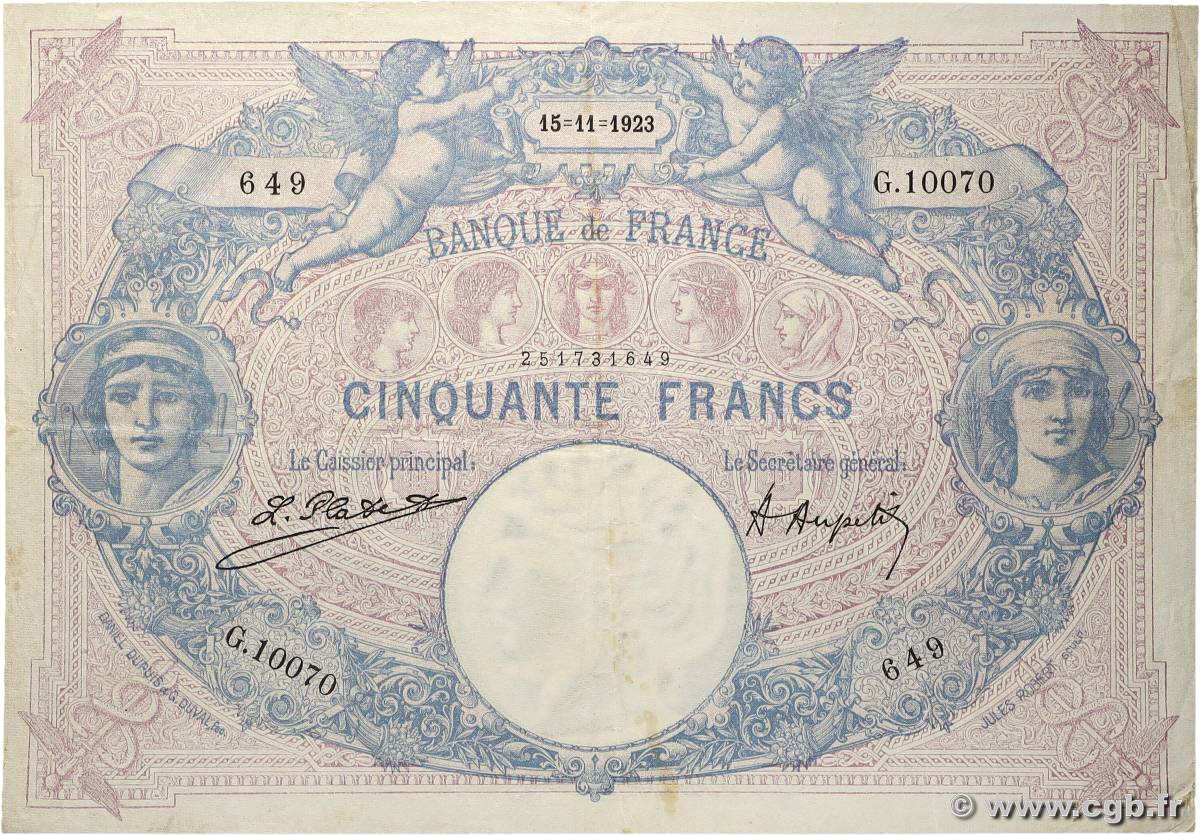 50 Francs BLEU ET ROSE FRANKREICH 1923 F.14.36 fSS