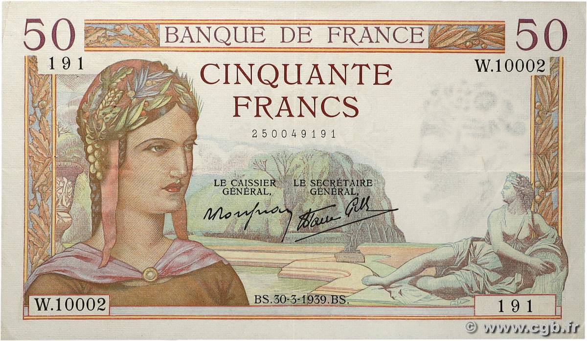 50 Francs CÉRÈS modifié FRANKREICH 1939 F.18.24 fVZ