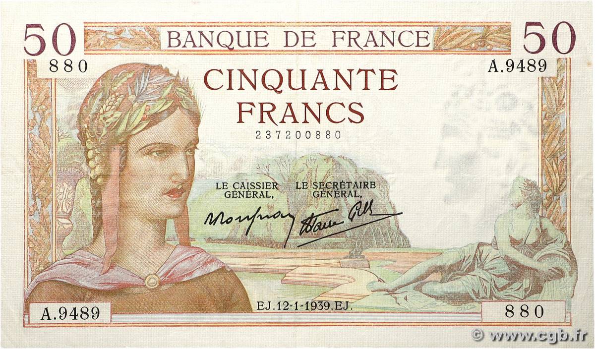 50 Francs CÉRÈS modifié FRANKREICH 1939 F.18.20 fVZ