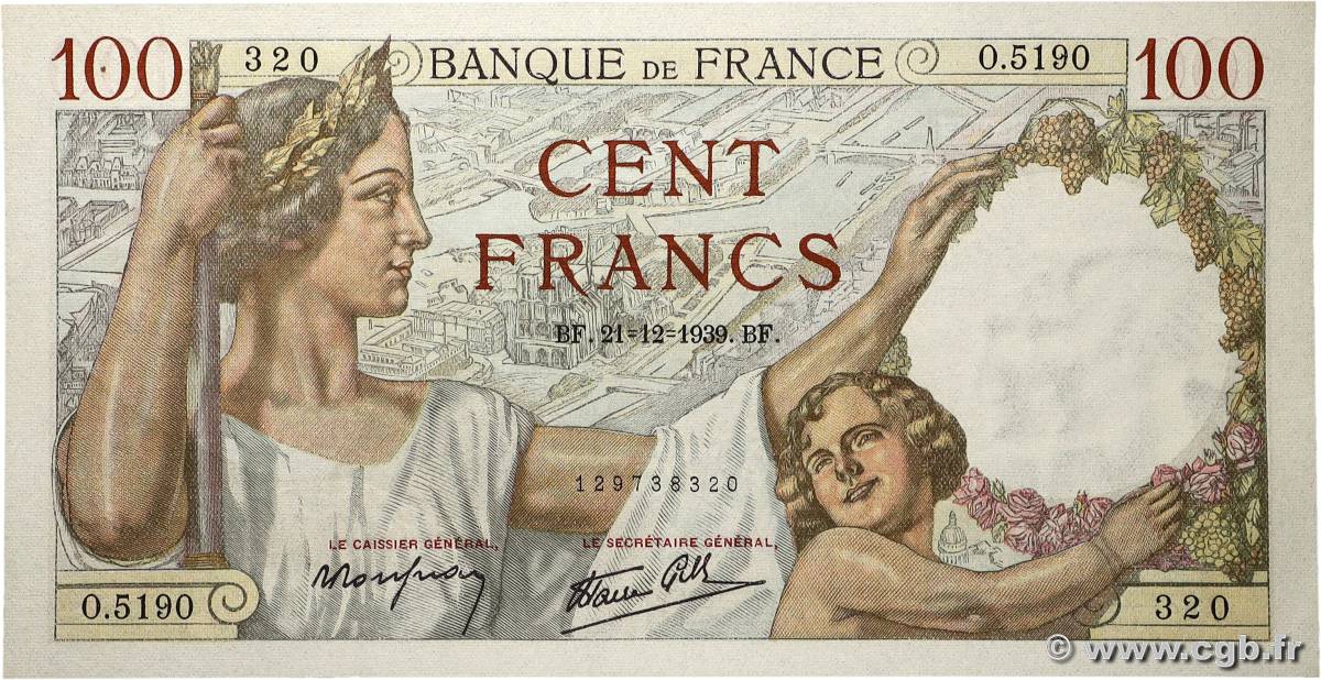 100 Francs SULLY FRANKREICH 1939 F.26.18 fST+