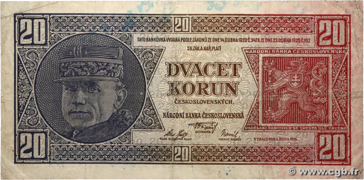20 Korun CZECHOSLOVAKIA 1926 P.021a F+