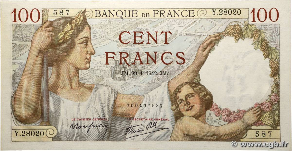100 Francs SULLY FRANCE 1942 F.26.65 UNC-