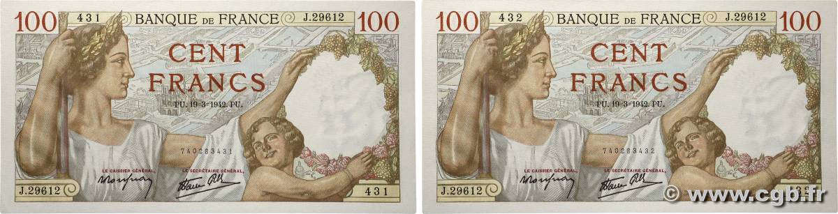 100 Francs SULLY Consécutifs FRANKREICH 1942 F.26.68 fST+