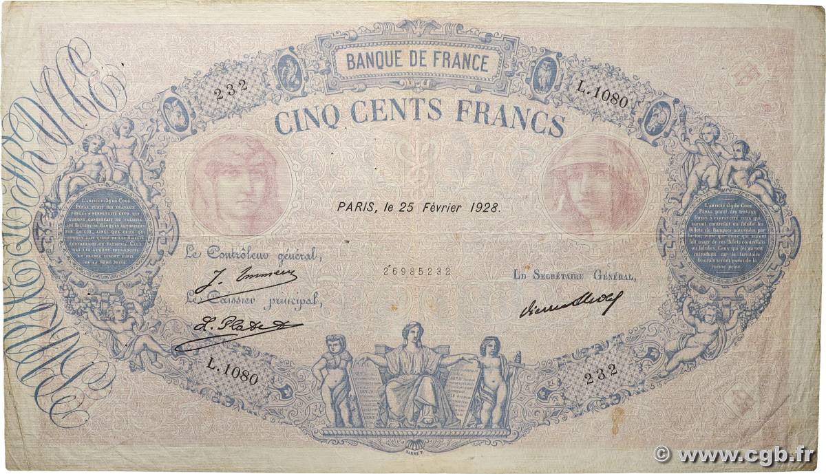 500 Francs BLEU ET ROSE FRANKREICH 1928 F.30.31 S