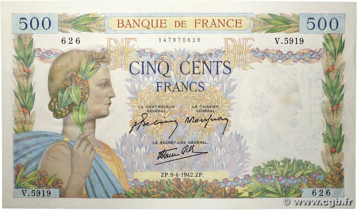 500 Francs LA PAIX FRANKREICH 1942 F.32.34 fST+
