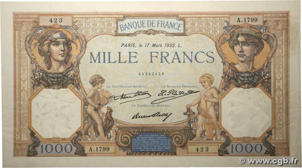 1000 Francs CÉRÈS ET MERCURE FRANCE 1932 F.37.07 TTB+