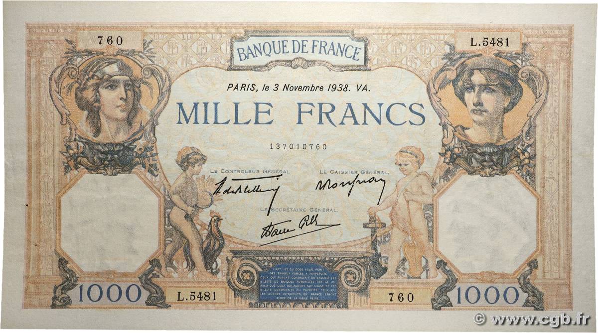 1000 Francs CÉRÈS ET MERCURE type modifié FRANKREICH 1938 F.38.32 VZ+
