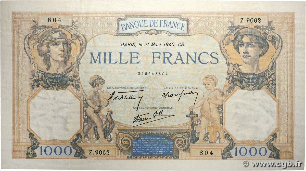 1000 Francs CÉRÈS ET MERCURE type modifié FRANKREICH 1940 F.38.44 fST