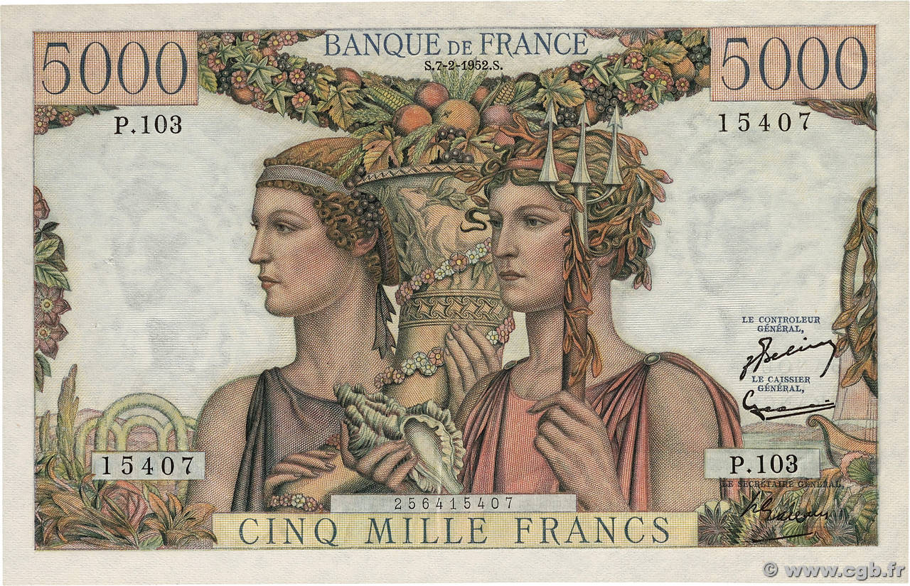 5000 Francs TERRE ET MER FRANCE 1952 F.48.06 SUP+