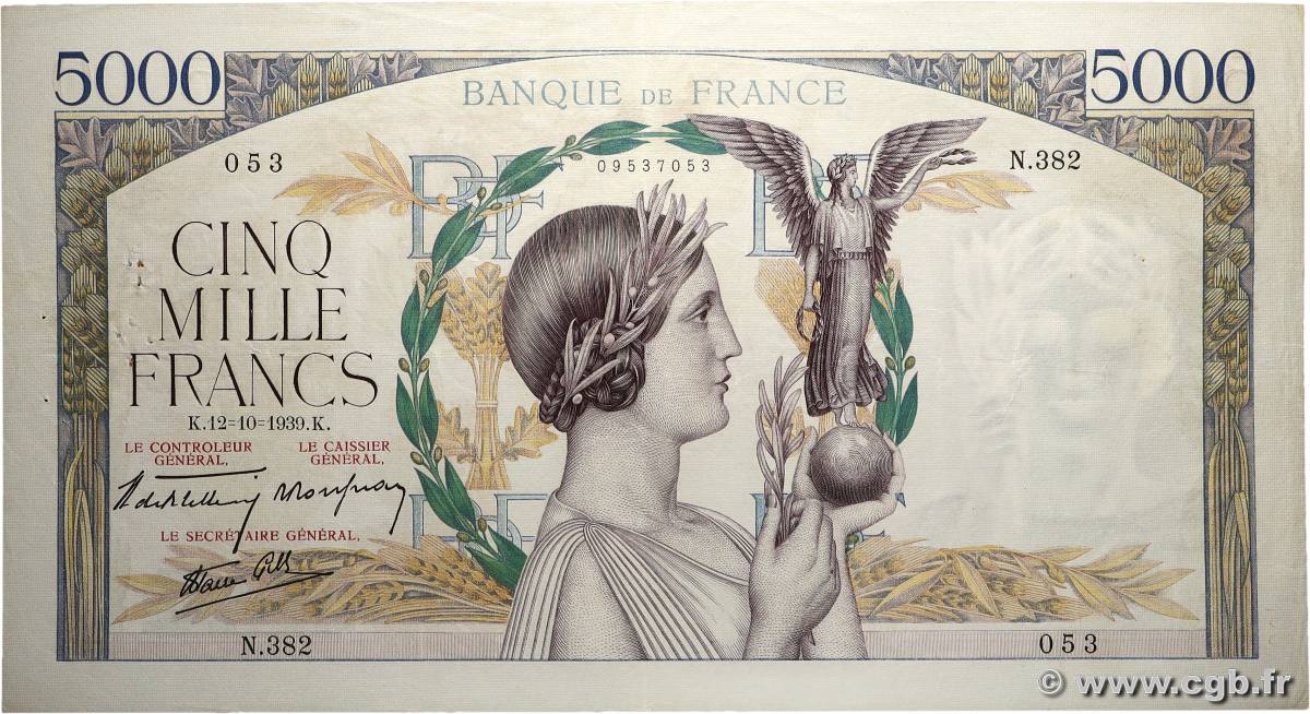 5000 Francs VICTOIRE Impression à plat FRANCE 1939 F.46.14 TTB