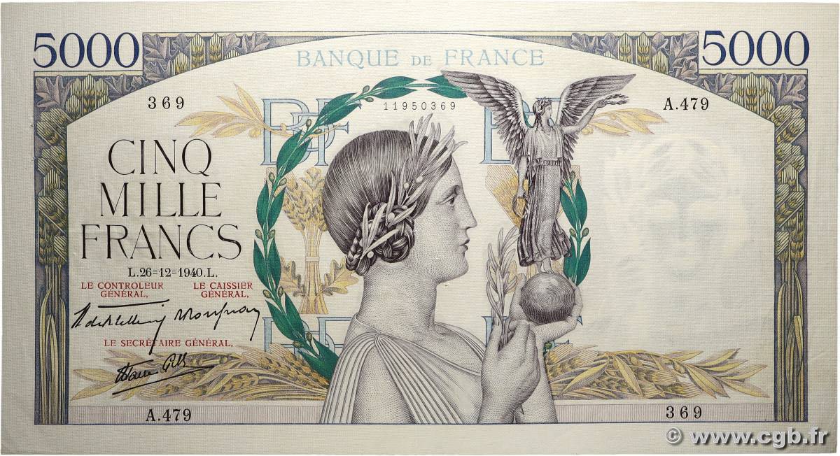 5000 Francs VICTOIRE Impression à plat FRANKREICH 1940 F.46.18 VZ