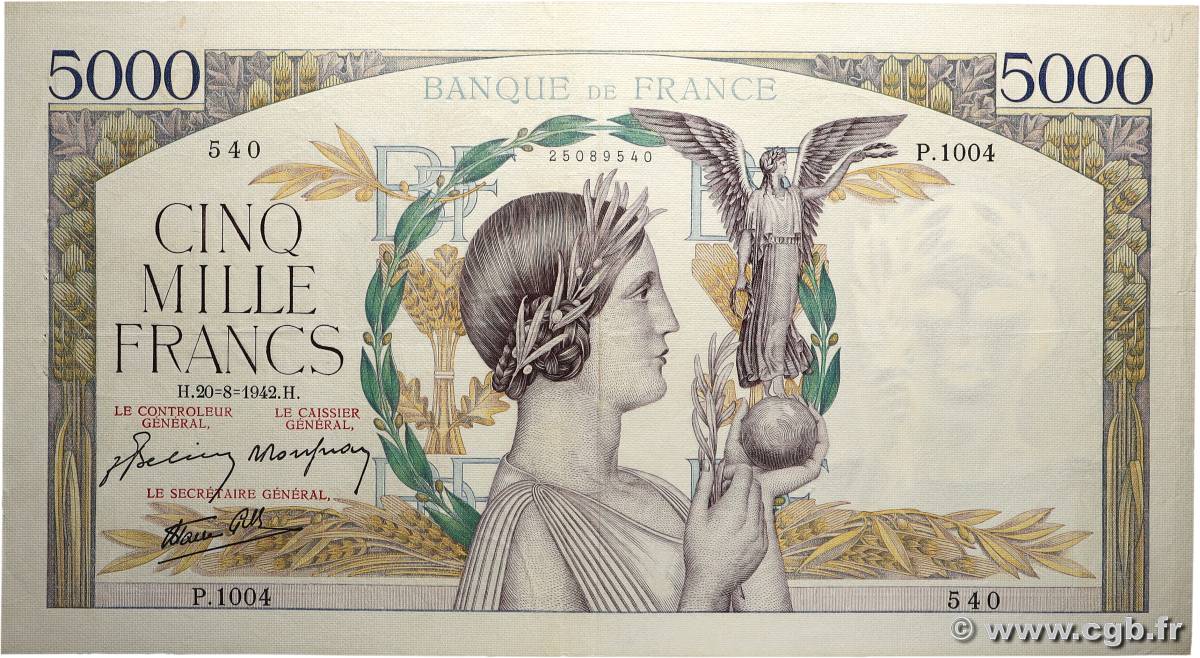 5000 Francs VICTOIRE Impression à plat FRANCE 1942 F.46.40 VF
