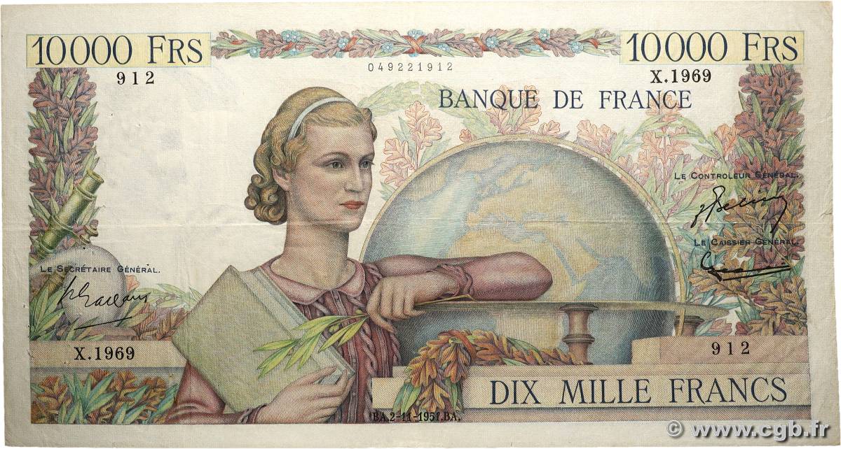 10000 Francs GÉNIE FRANÇAIS FRANKREICH 1951 F.50.54 fSS