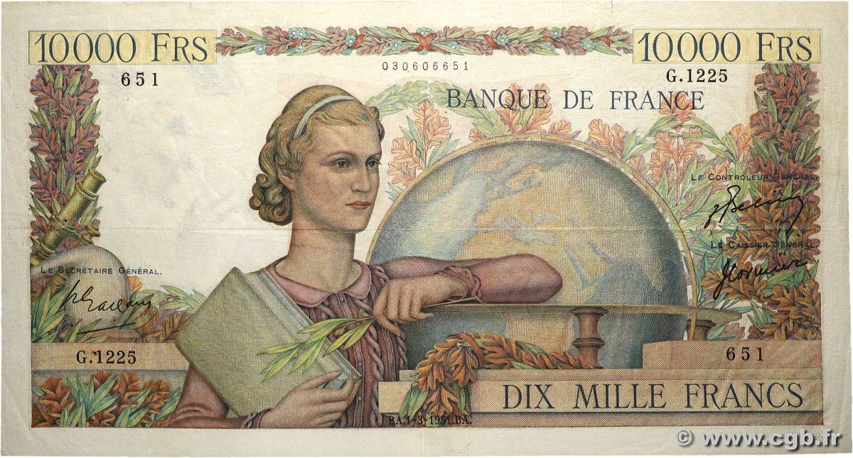 10000 Francs GÉNIE FRANÇAIS FRANKREICH 1951 F.50.48 fSS