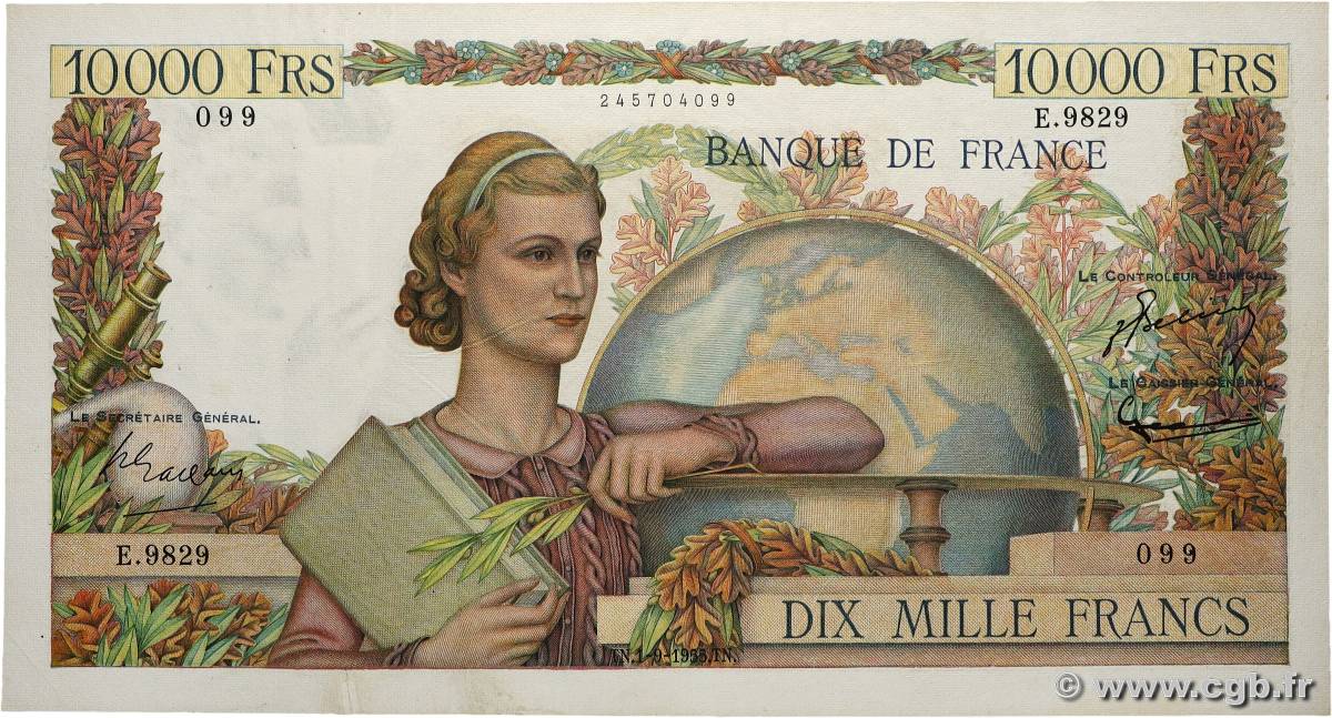 10000 Francs GÉNIE FRANÇAIS FRANKREICH 1955 F.50.76 SS