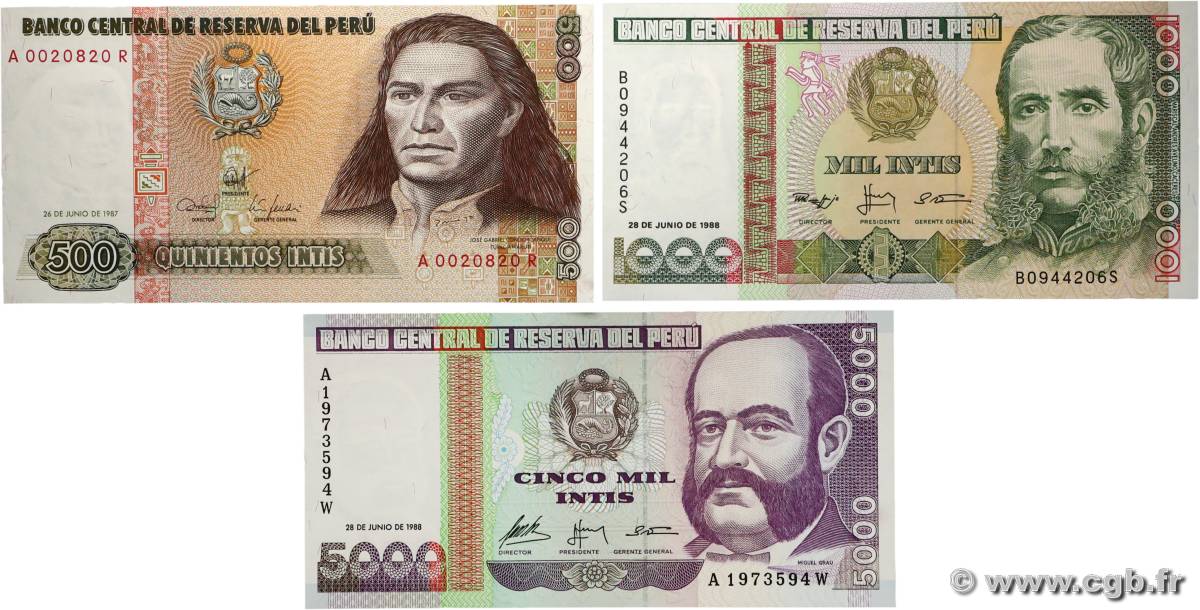 500 à 5000 Intis Lot PÉROU 1987 P.134b, P.136b et P.137 NEUF