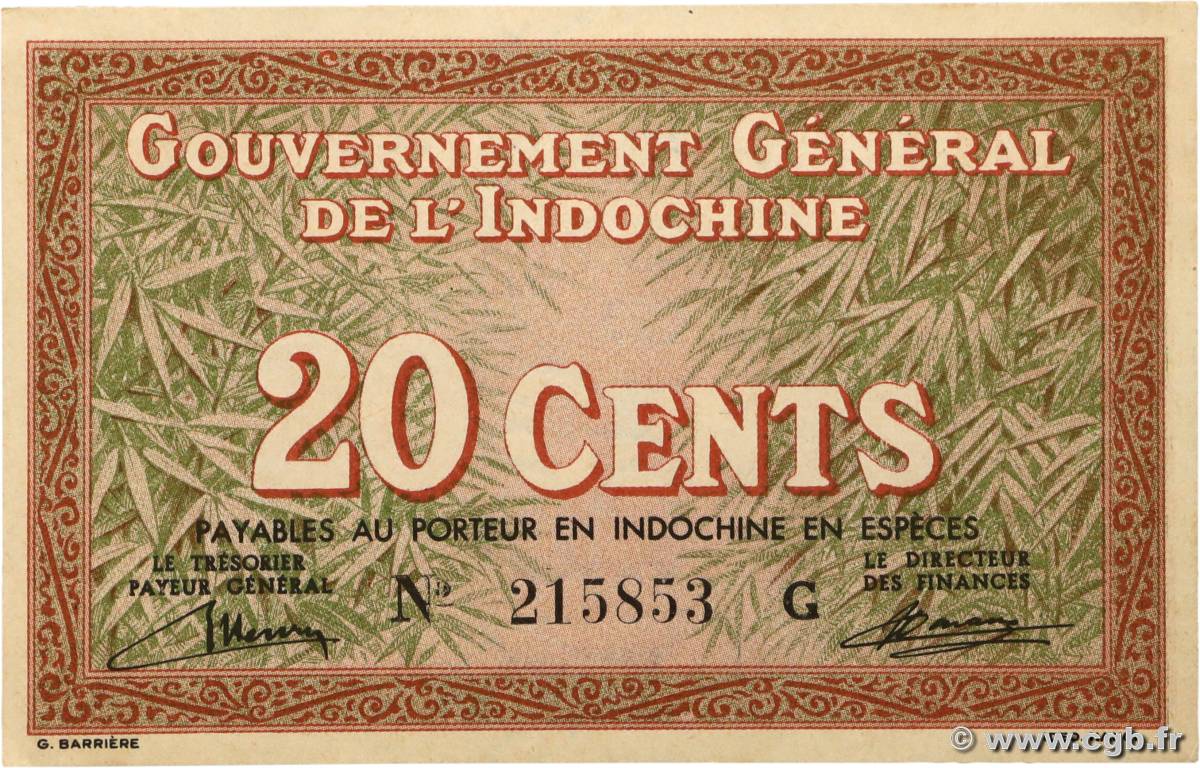 20 Cents INDOCHINE FRANÇAISE 1939 P.086a pr.NEUF